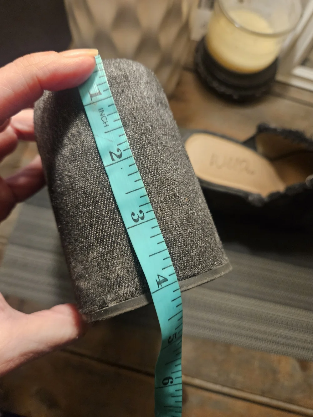 WILD PAIR WOMENS FUNKY PLATFORM SLIDES.BLK/GREY/BLUE DENIM W/ FRAYED EDGES.